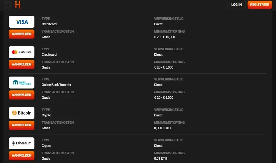 HadesBet Casino Betaalmethoden